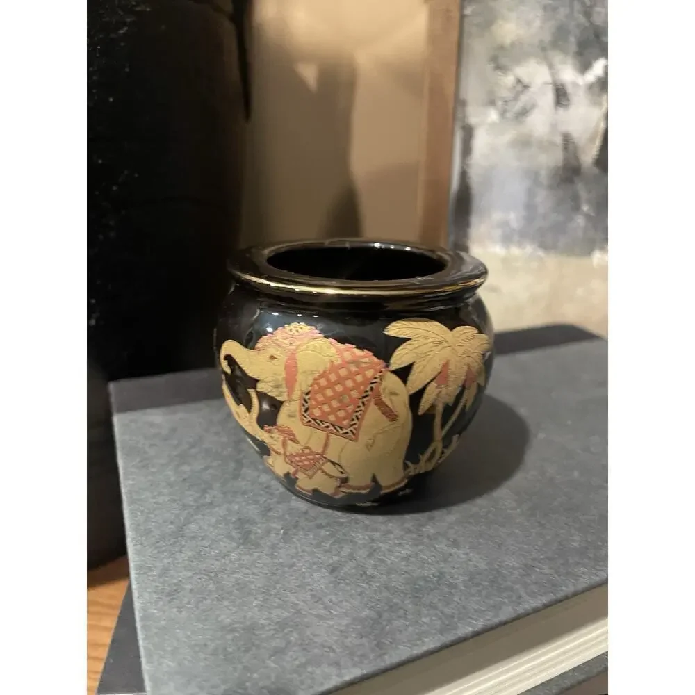 Black Ceramic Mini Vase Bonsai Pot with Elephants Oriental Decor Black Decor